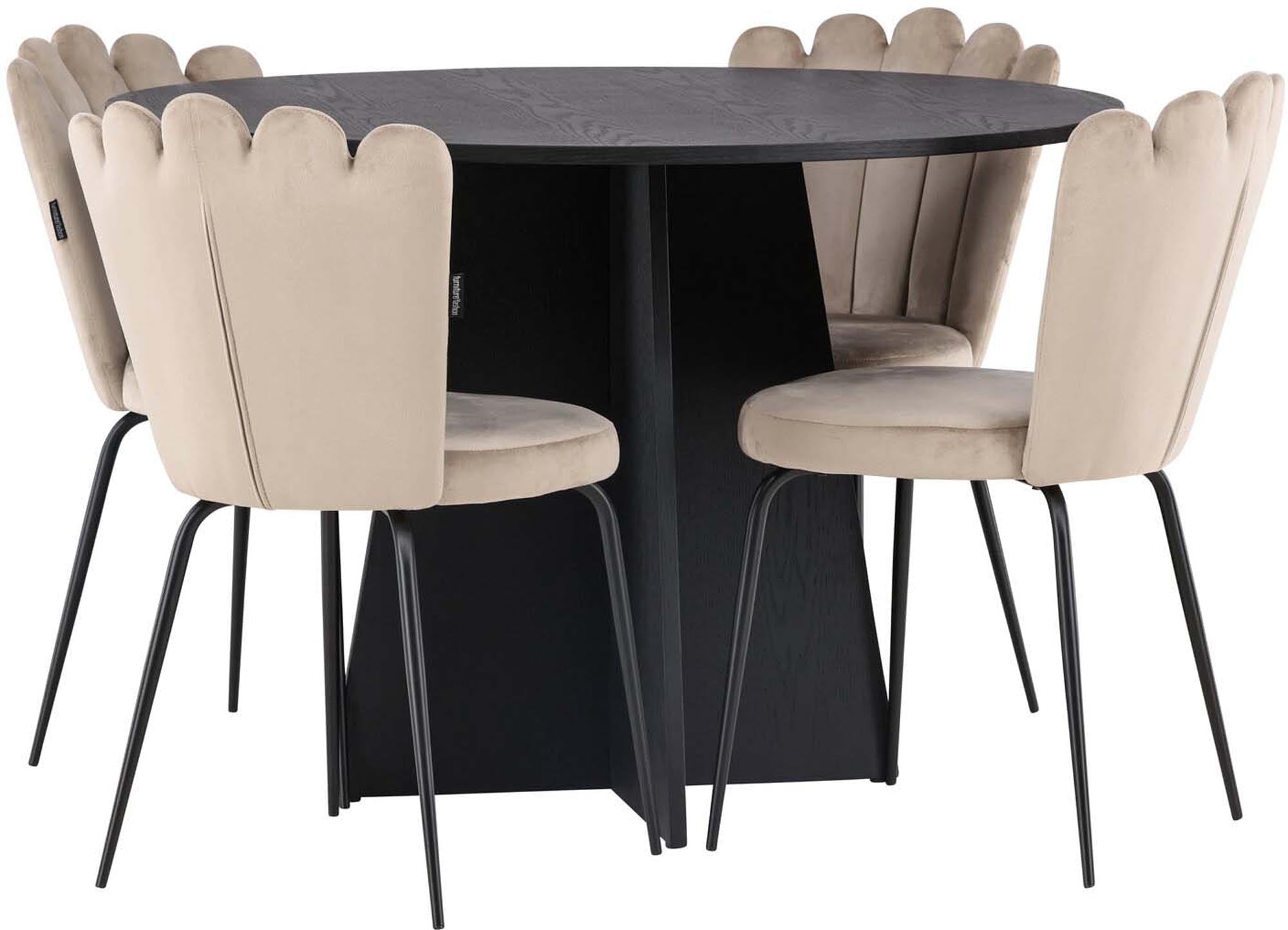 Stilvolles Bootcut Esszimmerset mit Limhamn Light: runder Tisch (⌀110cm) und 4 elegante Stühle für einladende Esszimmeratmosphäre.