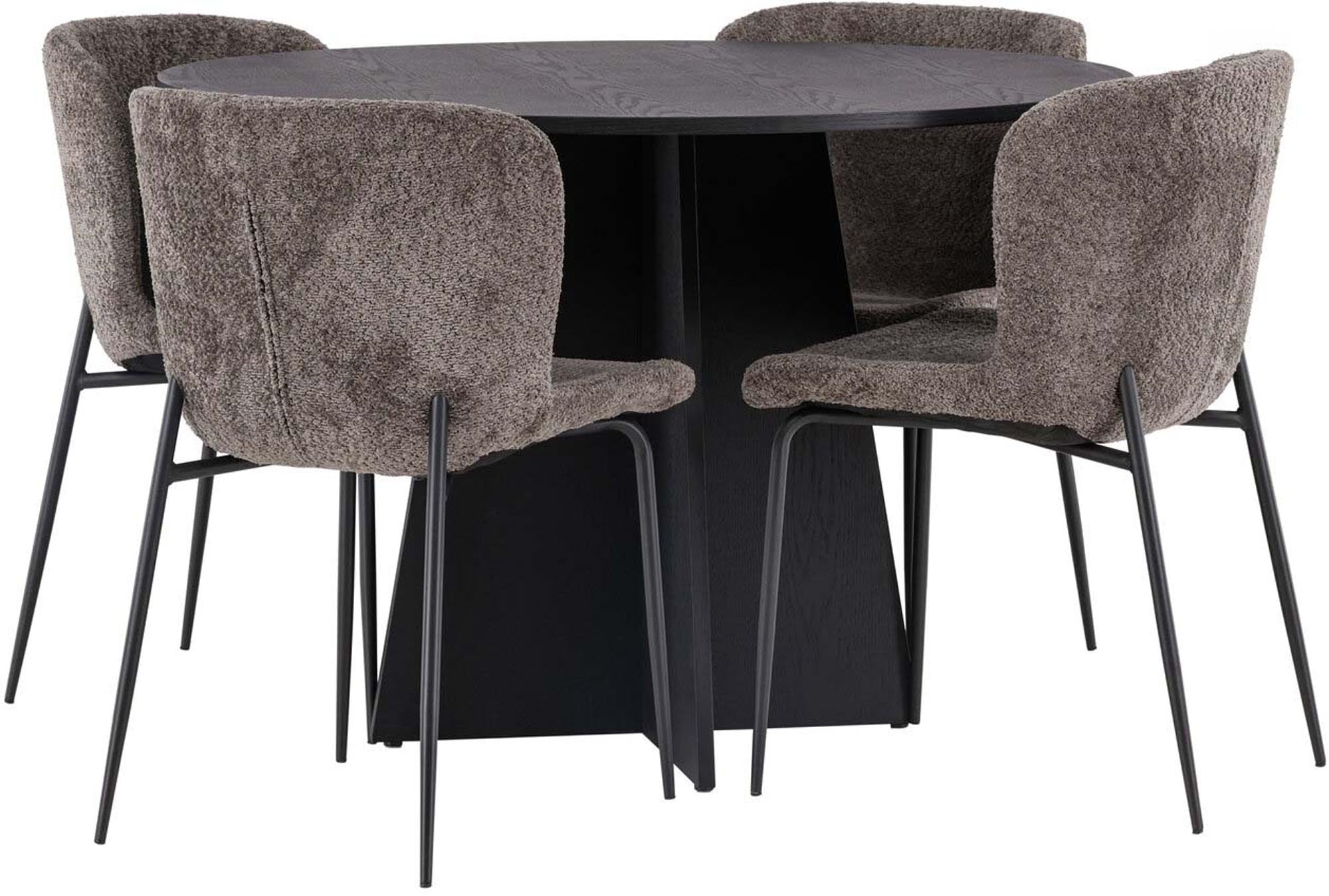 Modernes Esszimmerset: Runder Tisch (⌀110cm) mit MDF-Furnier, stabile Stahlbeine. 4 graue, pelzgepolsterte Stühle. Stilvoll & komfortabel.