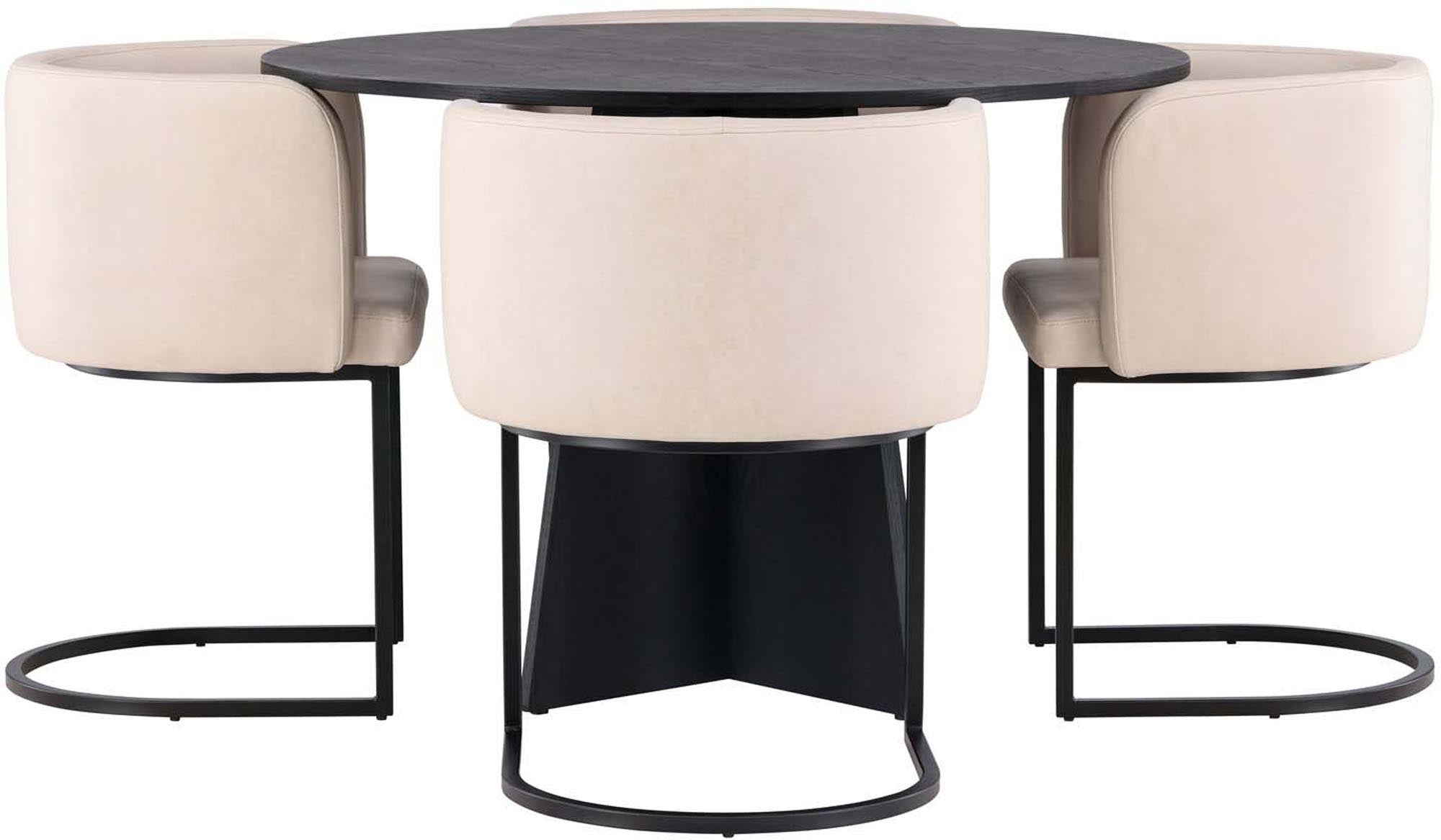 Elegantes Bootcut Esszimmerset von Venture Home: Runder Tisch Ø110cm und stilvolle Simrishamn Stühle für bis zu 4 Personen. Ideal für gemütliche Essmomente.