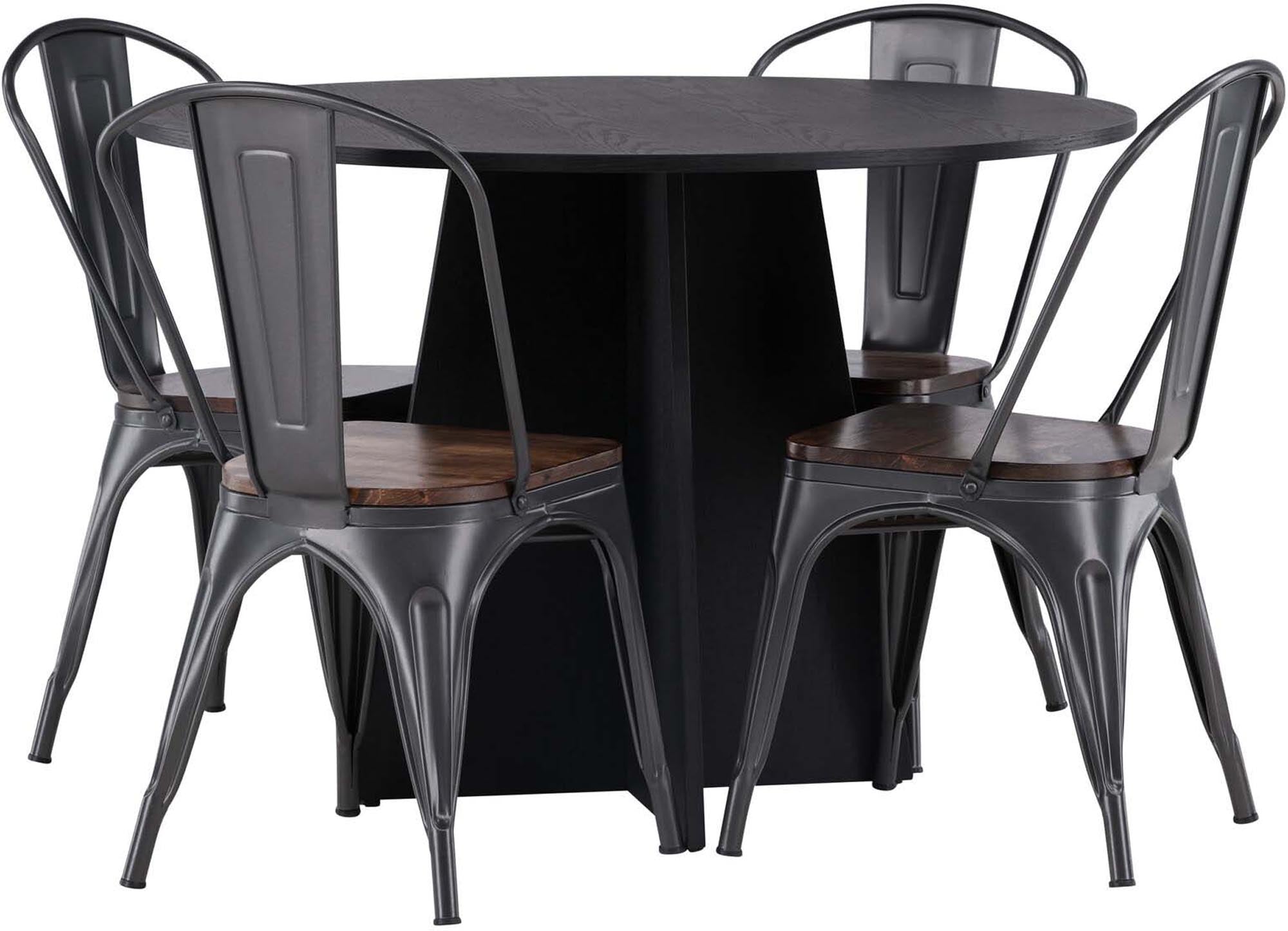 Stilvolles Esszimmerset: Schwarzer Tisch (⌀110cm) & 4 Tempe-Stühle, MDF & Stahl, für gesellige Runden. Eleganz & Komfort.