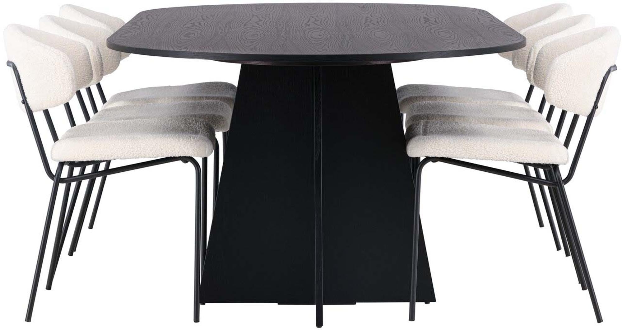 Elegantes Bootcut Esszimmerset von Venture Home: Schwarzer MDF-Tisch mit Furnier, 6 weisse Bouclé-Stühle, modern und komfortabel.