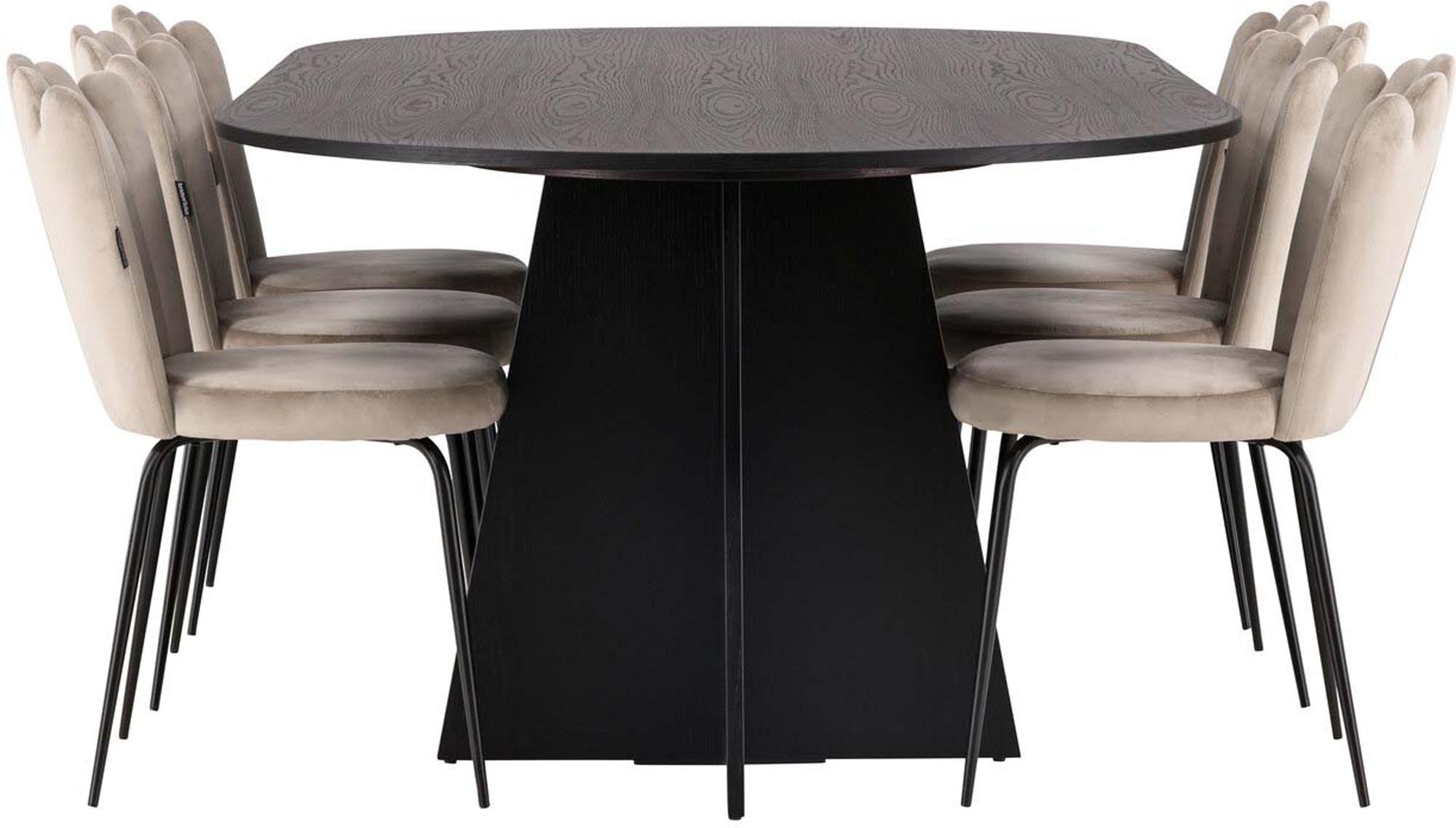 Elegantes Bootcut Esszimmerset mit Limhamn Stühlen: Schwarzer Tisch, bequeme Samtstühle, ideal für gesellige Abende.
