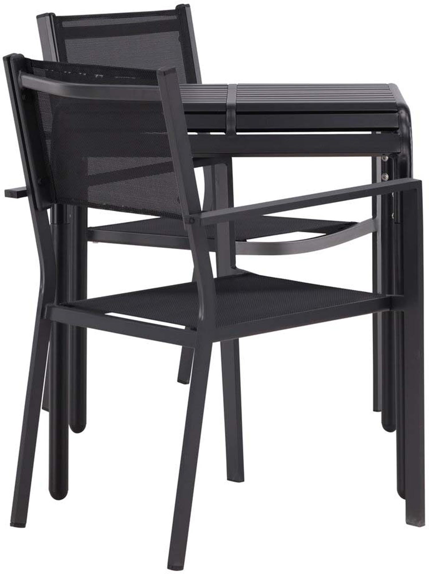 Elegantes Borneo Outdoor-Tischset mit 70 cm Tisch und stapelbaren Copacabana Stühlen. Ideal für kleine Aussenbereiche, langlebig und pflegeleicht.