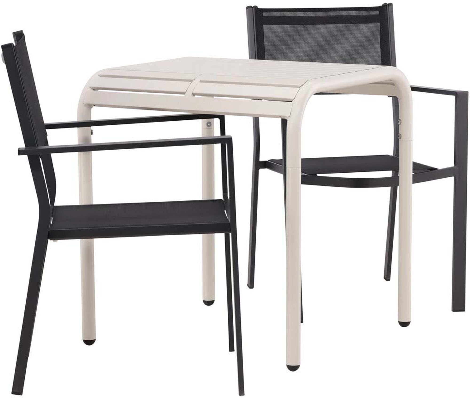 Elegantes Borneo Tischset mit 70cm Tisch und stapelbaren Copacabana Stühlen. Ideal für Balkon und Terrasse, wetterfest und modern.