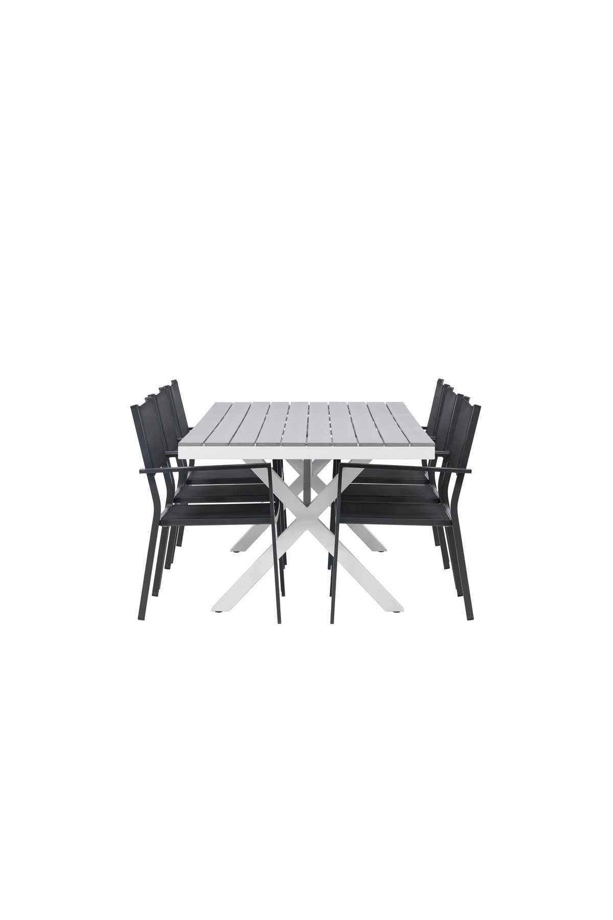 Rechteckiger Gartentisch Garcia mit Aluminiumgestell und Aintwood-Platte, umgeben von sechs stapelbaren Copacabana-Stühlen mit Textilene-Sitzfläche.
