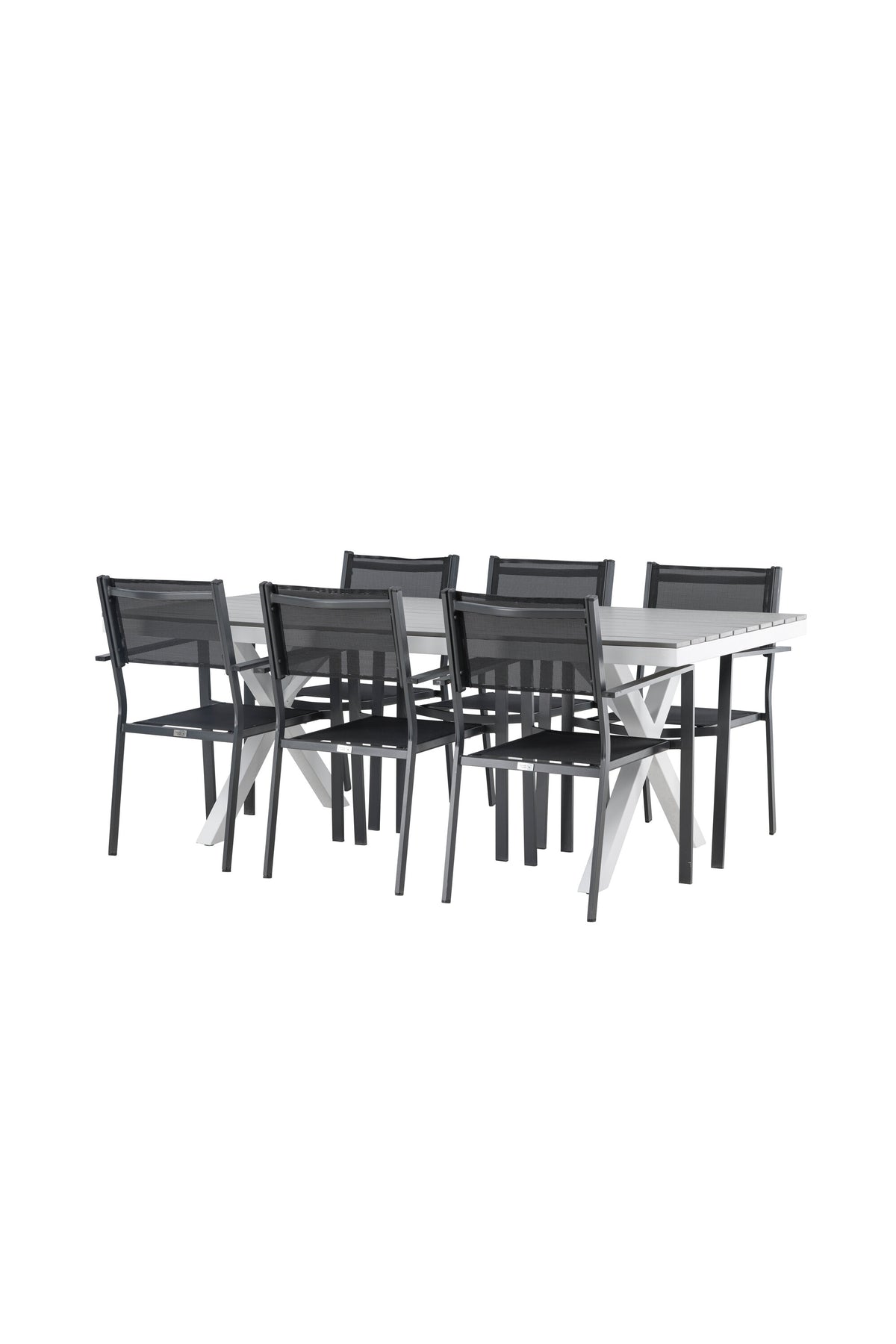 Rechteckiger Gartentisch Garcia mit Aluminiumgestell und Aintwood-Platte, umgeben von sechs stapelbaren Copacabana-Stühlen mit Textilene-Sitzfläche.