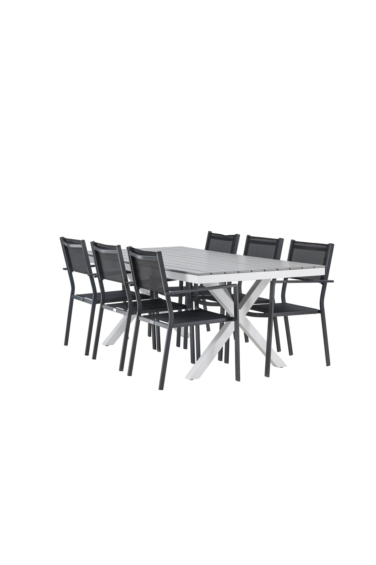 Rechteckiger Gartentisch Garcia mit Aluminiumgestell und Aintwood-Platte, umgeben von sechs stapelbaren Copacabana-Stühlen mit Textilene-Sitzfläche.