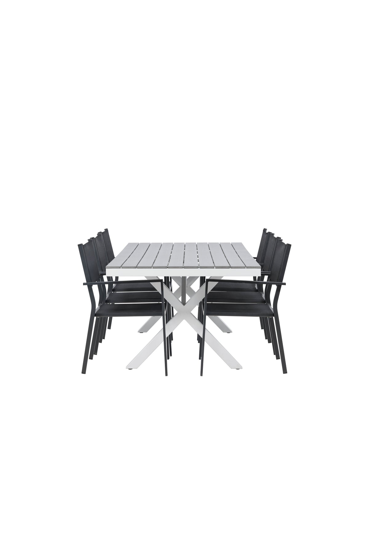 Rechteckiger Gartentisch Garcia mit Aluminiumgestell und Aintwood-Platte, umgeben von sechs stapelbaren Copacabana-Stühlen mit Textilene-Sitzfläche.