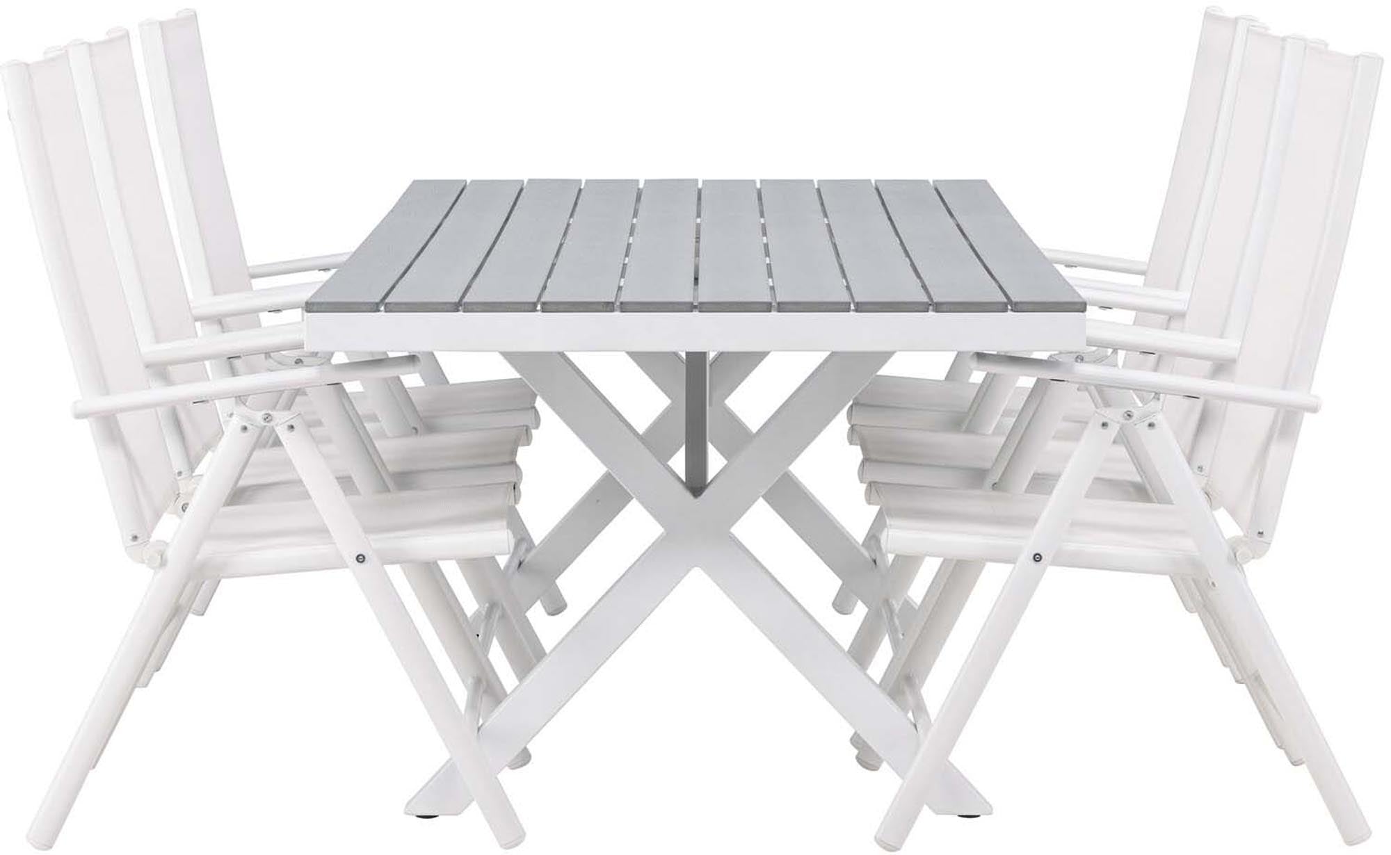 Stilvolles Garcia Outdoor-Tischset von Venture Home: 200cm Esstisch aus Edelholz, 6 klappbare Stühle, ideal für elegante Sommerabende.