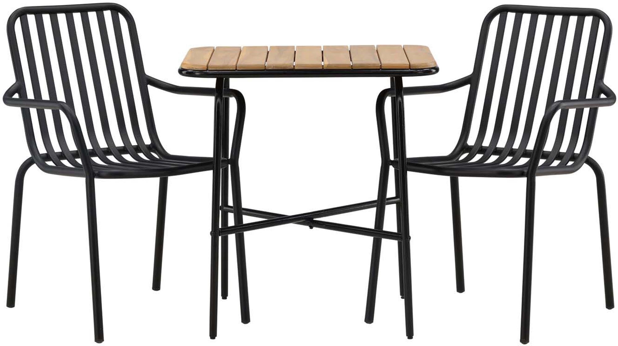 Erleben Sie das Holmbeck Outdoor-Tischset Peking: Stilvoller Cafétisch aus Akazienholz und bequeme Aluminiumstühle, ideal für Balkon und Terrasse.