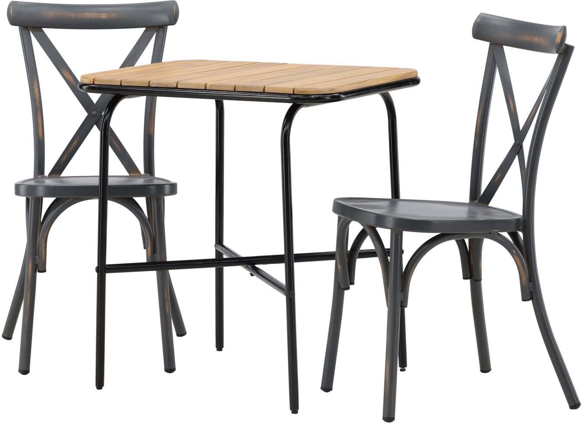 Elegantes Tischset für den Außenbereich: Robuster Akazienholztisch und komfortable Aluminiumstühle, ideal für entspannte Stunden im Freien.