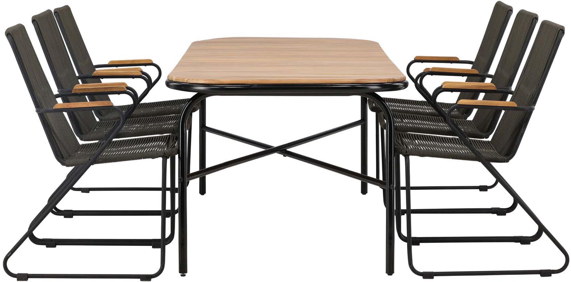 Elegantes Gartenset aus Akazie und Stahl, 200cm Tisch, 6 Stühle, wetterfest, ideal für stilvolle Outdoor-Dinner.