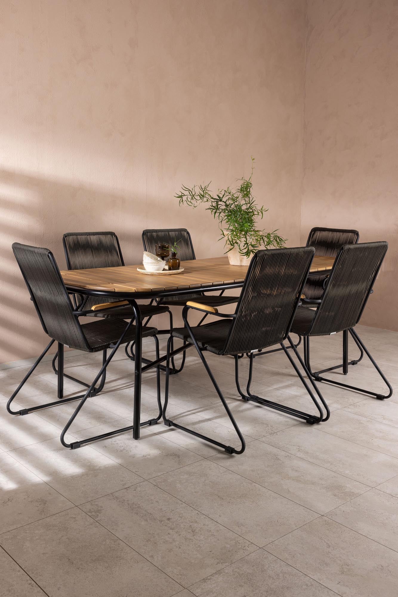 Stilvolles Outdoor-Tischset aus Akazie und Stahl, 200 cm Tisch mit 6 komfortablen Stühlen, perfekt für gesellige Abende im Freien.