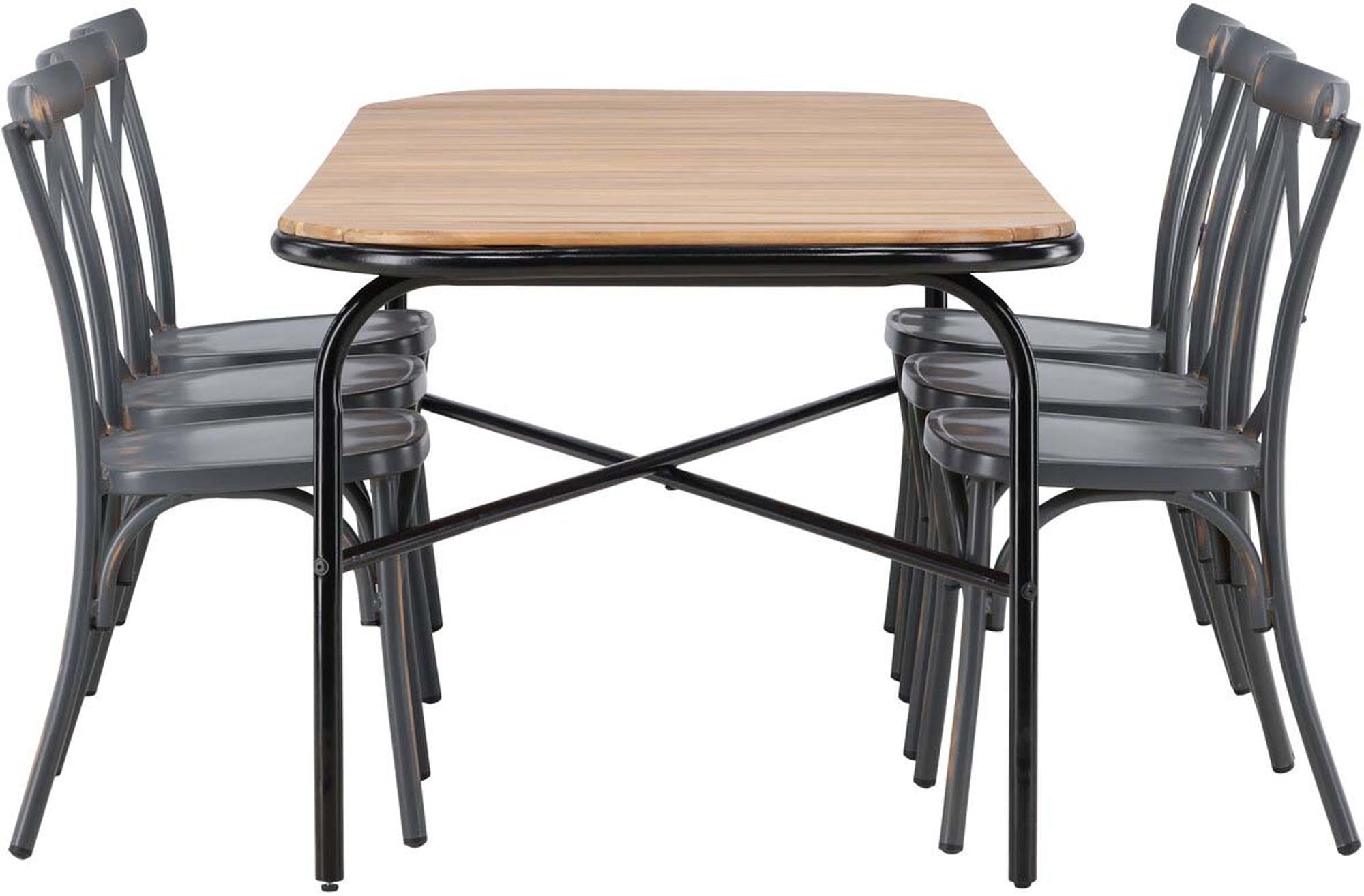 Stilvolles 6-Personen Outdoor-Tischset aus Akazie und Stahl. Perfekt für gesellige Abende im Garten oder auf der Terrasse.