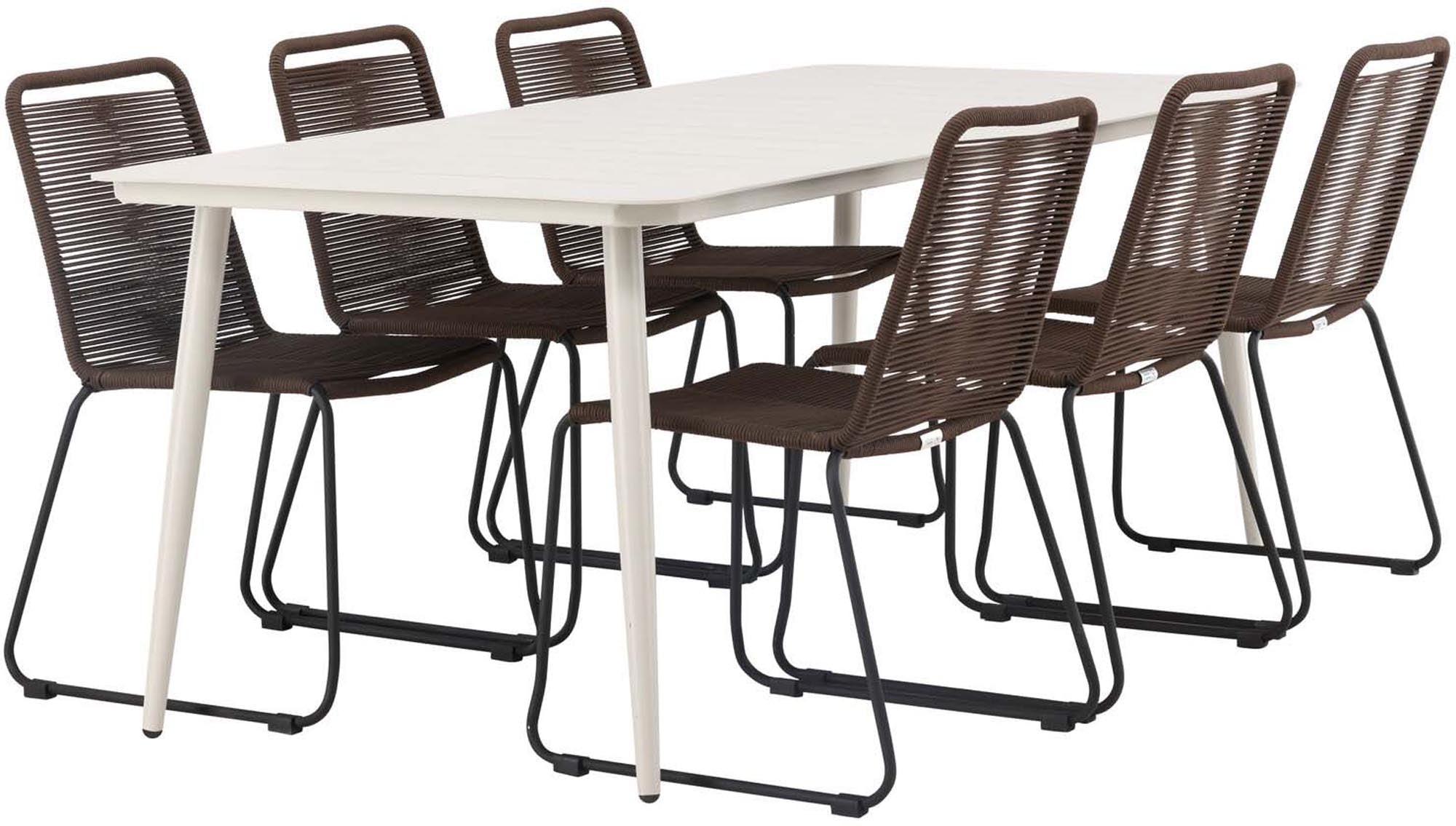 Entdecke das elegante Lina Outdoor-Tischset mit 200 cm Tisch und 6 komfortablen Stühlen – ideal für gesellige Stunden im Garten und stilvolle Terrassengestaltung.