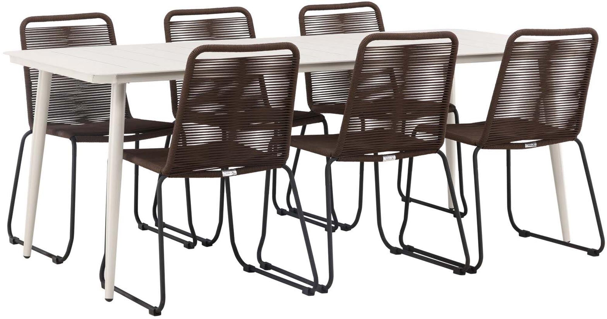 Erlebe das Lina Outdoor-Tischset Lindos: 200 cm Tisch und 6 stilvolle Stühle für unvergessliche Momente im Freien – perfekt für deinen Garten!