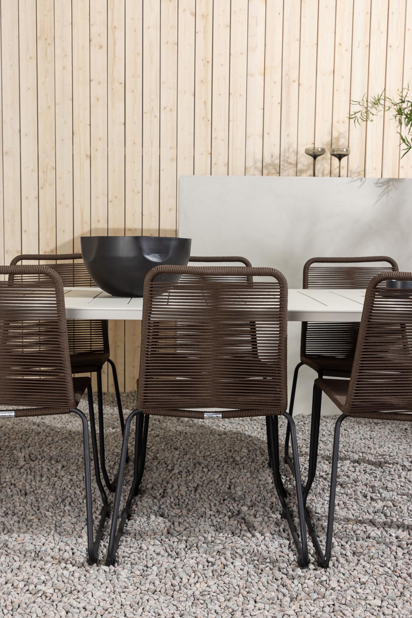 Stilvolles Lina Outdoor-Tischset mit 200 cm Tisch und 6 bequemen Stühlen – perfekt für gesellige Momente im Freien und moderne Gartengestaltung.