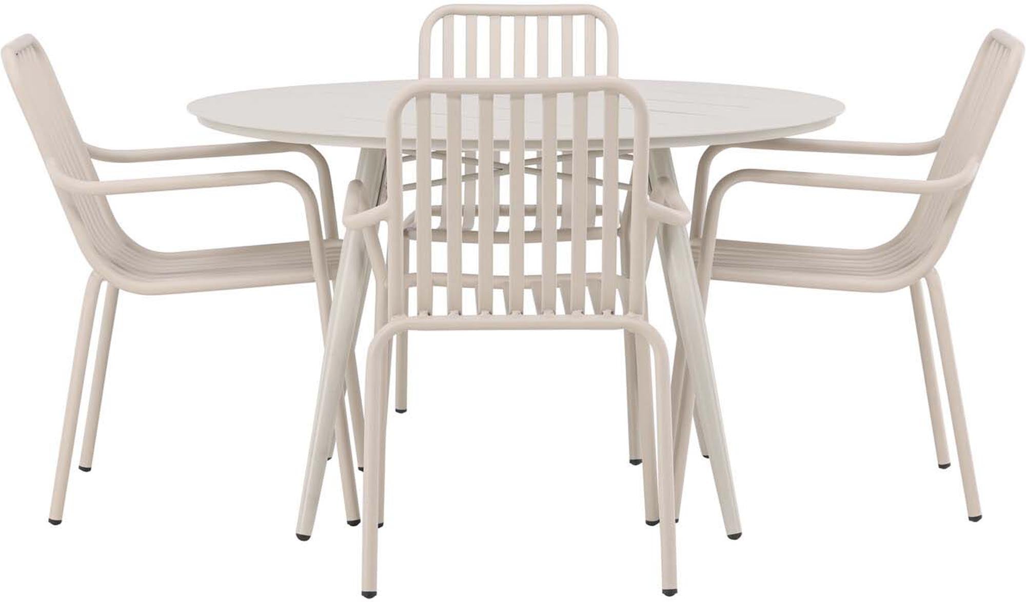 Entdecken Sie das stilvolle Lina Outdoor-Tischset mit 4 Peking Stühlen, Ø120cm – perfekt für gesellige Momente im Freien!