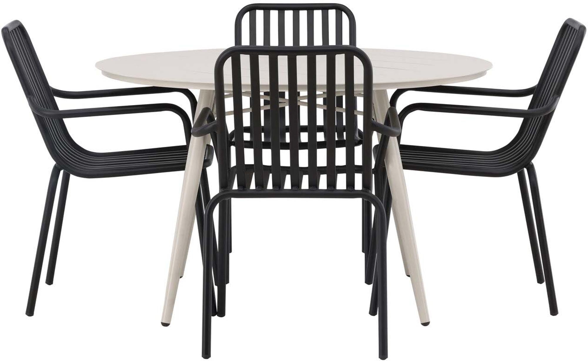 Elegantes Lina Outdoor-Tischset mit 120 cm Durchmesser und 4 modernen Peking Stühlen. Ideal für gesellige Stunden im Freien!