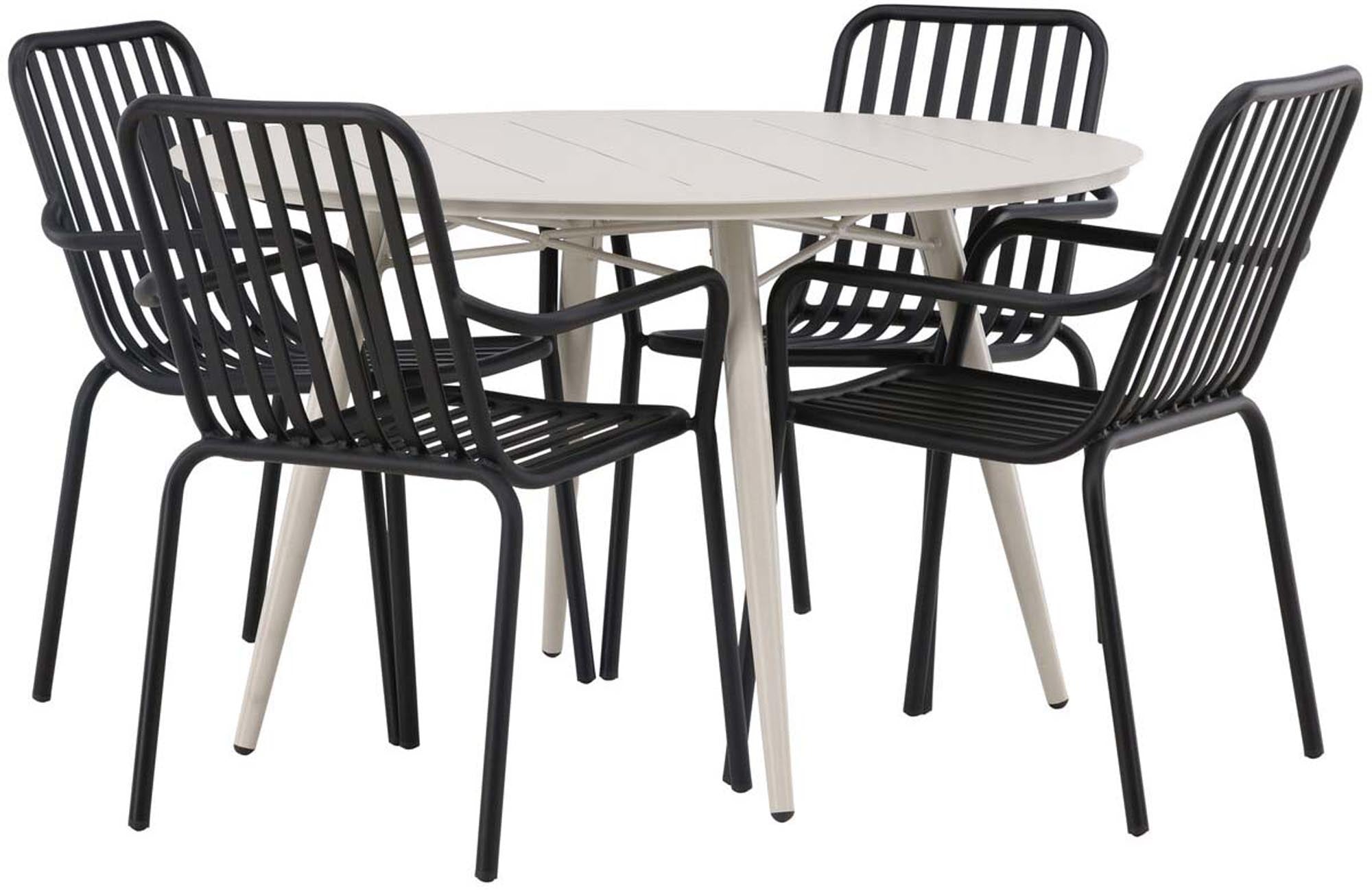 Stilvolles Lina Outdoor-Tischset mit 120 cm Durchmesser und 4 eleganten Peking Stühlen. Perfekt für entspannte Momente im Freien!