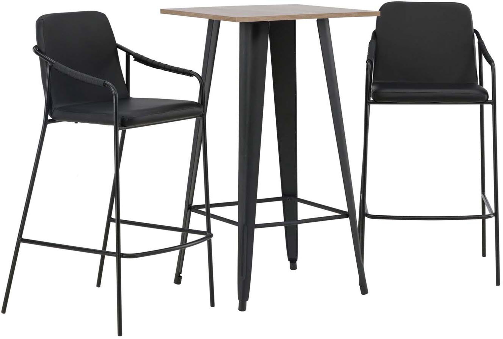 Elegantes Barset Tempe + Tvist: Walnuss-MDF Tisch, schwarze Stahlbeine, gepolsterte Tvist Hocker. Ideal für kleine Räume.