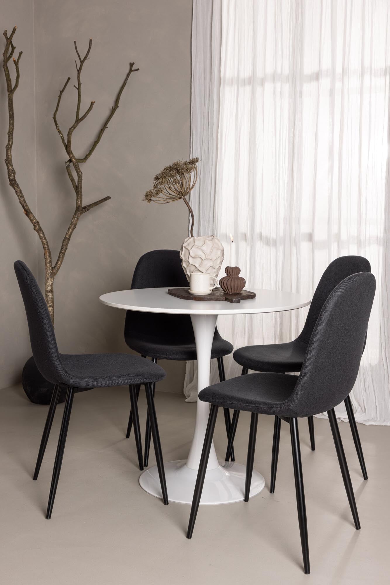 Stilvolles Esszimmerset Hamden mit 80 cm rundem Tisch und 4 eleganten Polar-Stühlen. Perfekt für gesellige Abende und modernes Wohnen.