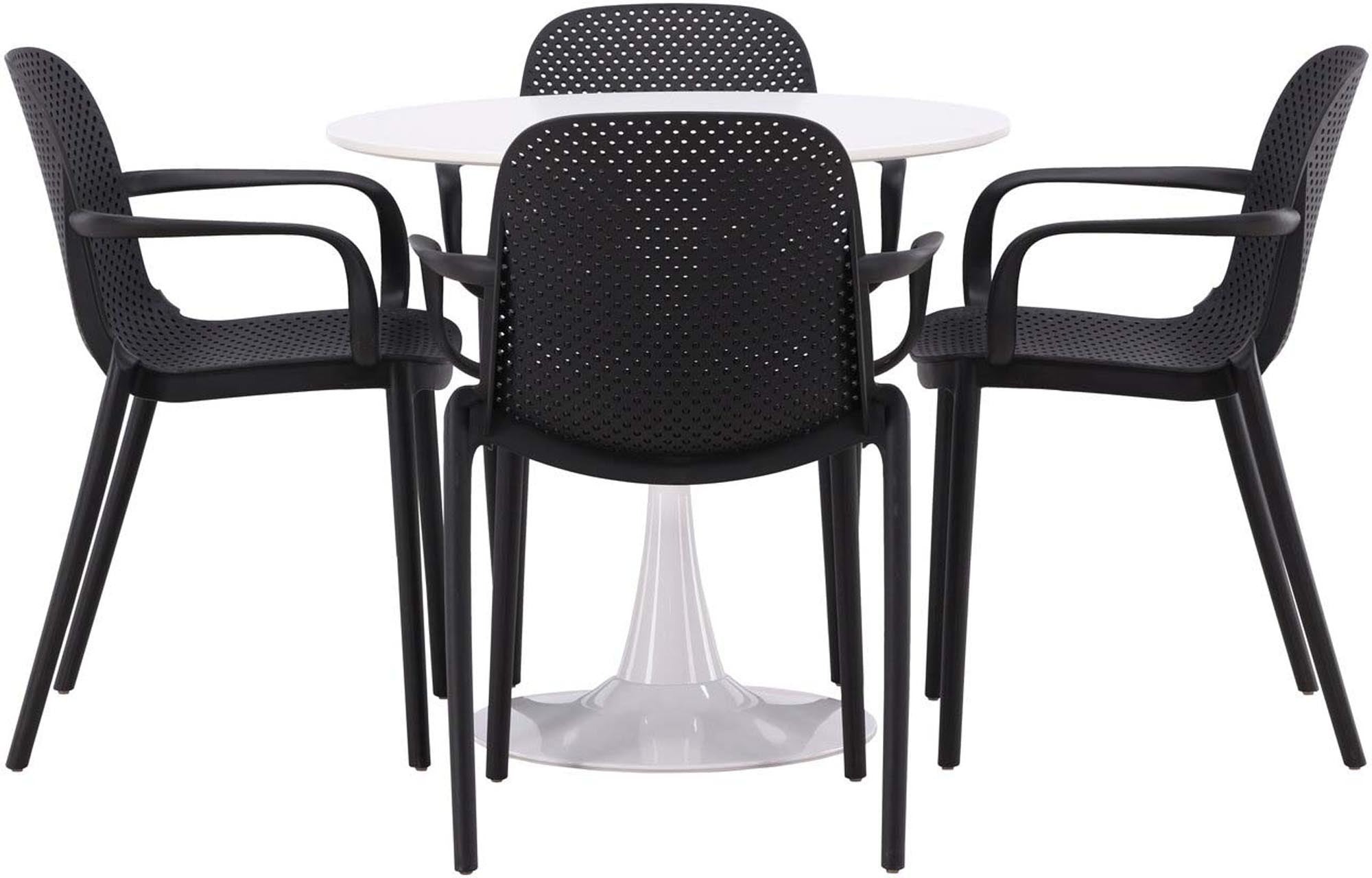 Modernes Esszimmerset mit weissem Tisch und schwarzen Stühlen, ideal für stilvolle, gesellige Runden.