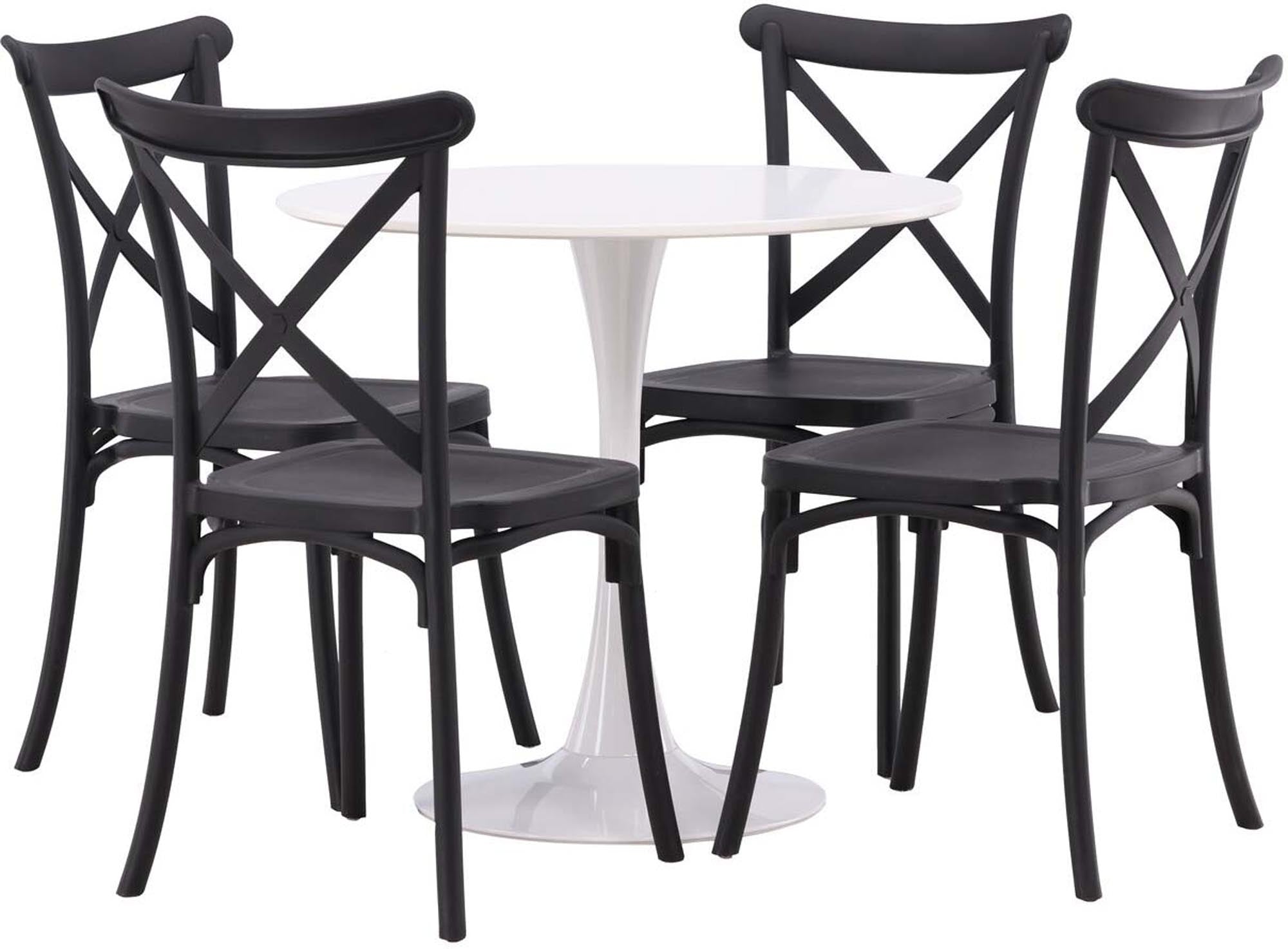 Elegantes Esszimmerset mit 80 cm Tisch und 4 Crosett-Stühlen. Pflegeleicht, modern und perfekt für gesellige Anlässe in jedem Zuhause.