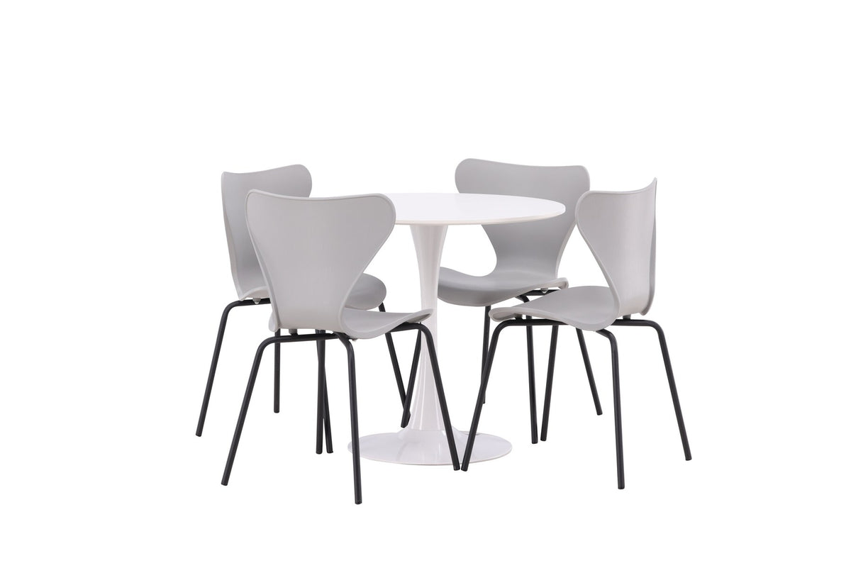 Rundes Esszimmerset mit weisser MDF-Tischplatte auf Stahlbeinen und vier hellgrauen Stühlen aus MDF und Stahl, skandinavisches Design.