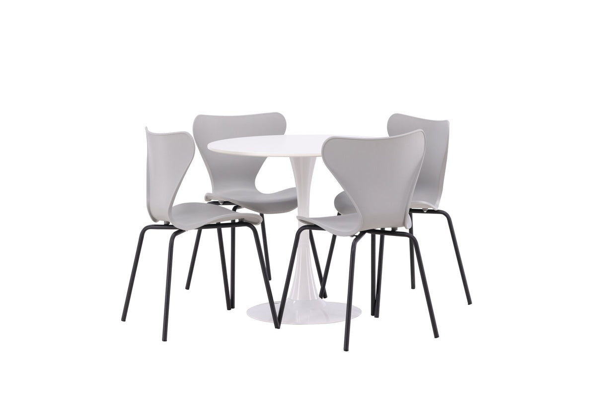 Rundes Esszimmerset mit weisser MDF-Tischplatte auf Stahlbeinen und vier hellgrauen Stühlen aus MDF und Stahl, skandinavisches Design.