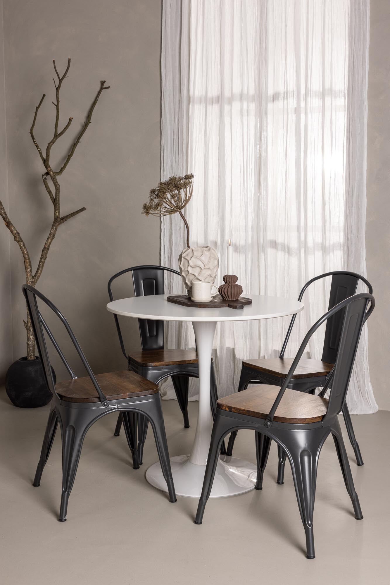 Entdecken Sie das Hamden Esszimmerset von Venture Home: Ein eleganter 80 cm Tisch und 4 komfortable Tempe-Stühle für gesellige Momente.