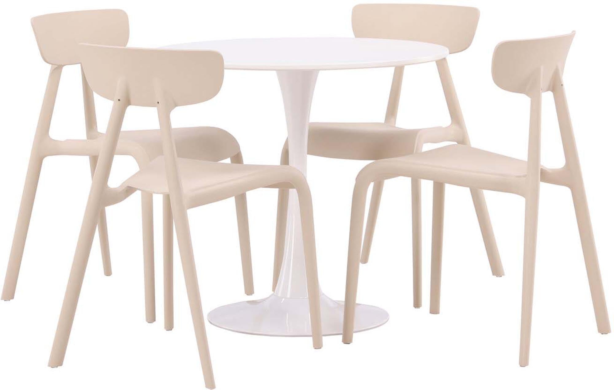 Modernes Esszimmerset von Venture Home: Hamden-Tisch mit 80 cm Durchmesser und 4 eleganten Ursholmen-Stühlen für stilvolle Essmomente.