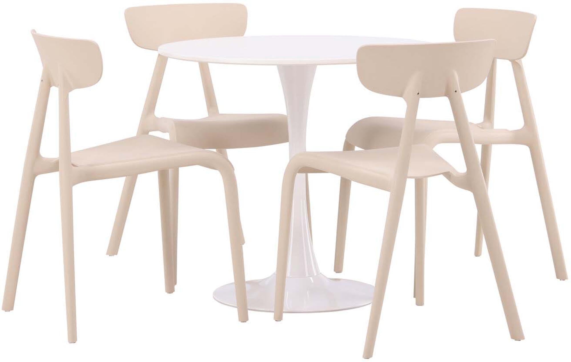 Entdecken Sie das stilvolle Esszimmerset von Venture Home: Der Hamden-Tisch mit 80 cm Durchmesser und 4 eleganten Ursholmen-Stühlen vereint modernes Design und Funktionalität.