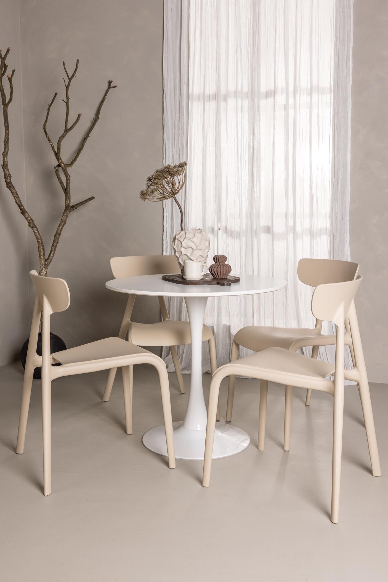 Modernes Esszimmerset von Venture Home: Hamden-Tisch mit 80 cm Durchmesser und 4 stilvollen Ursholmen-Stühlen für einladende Essmomente.