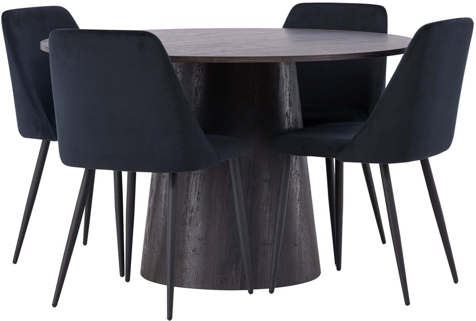 Entdecken Sie das Lanzo Esszimmerset + Night: Stilvolles Design mit robustem MDF-Tisch und bequemen Samtstühlen für Ihr modernes Esszimmer.