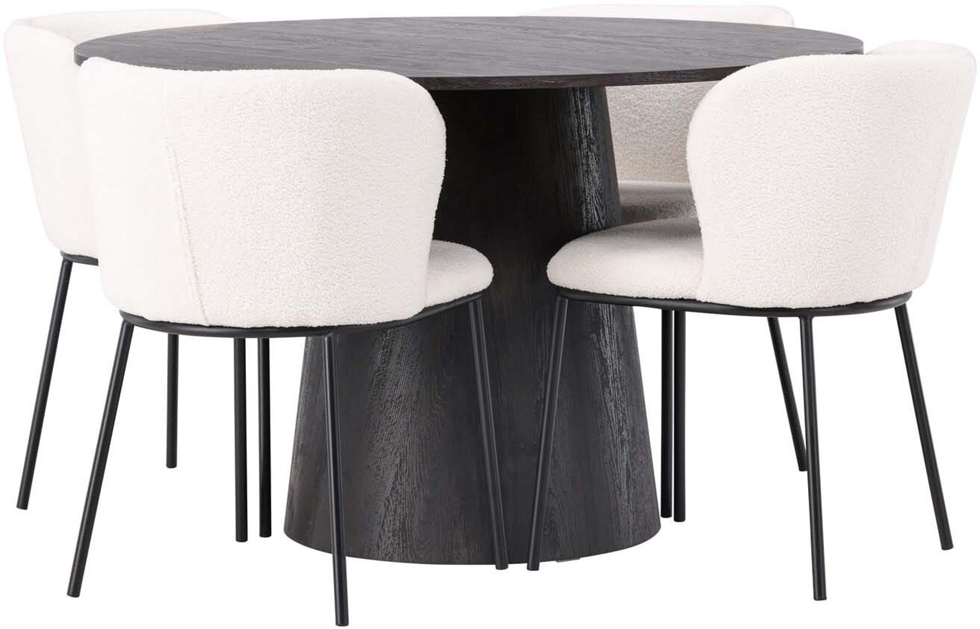 Modernes Esszimmerset mit rundem 120 cm Tisch und komfortablen Edina Stühlen. Ideal für gesellige Runden und stilvolle Einrichtung.