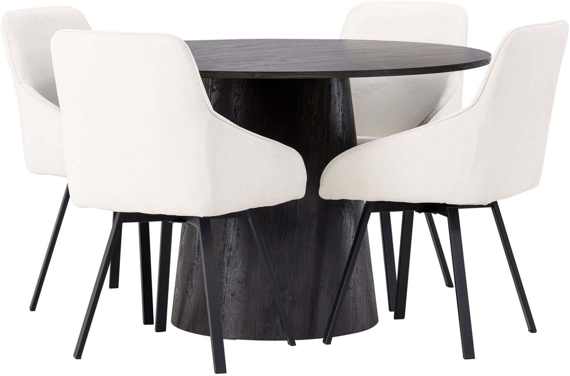 Elegantes Esszimmerset Lanzo + Rosie mit runden Tisch und bequemen Stühlen für unvergessliche gemeinsame Stunden.