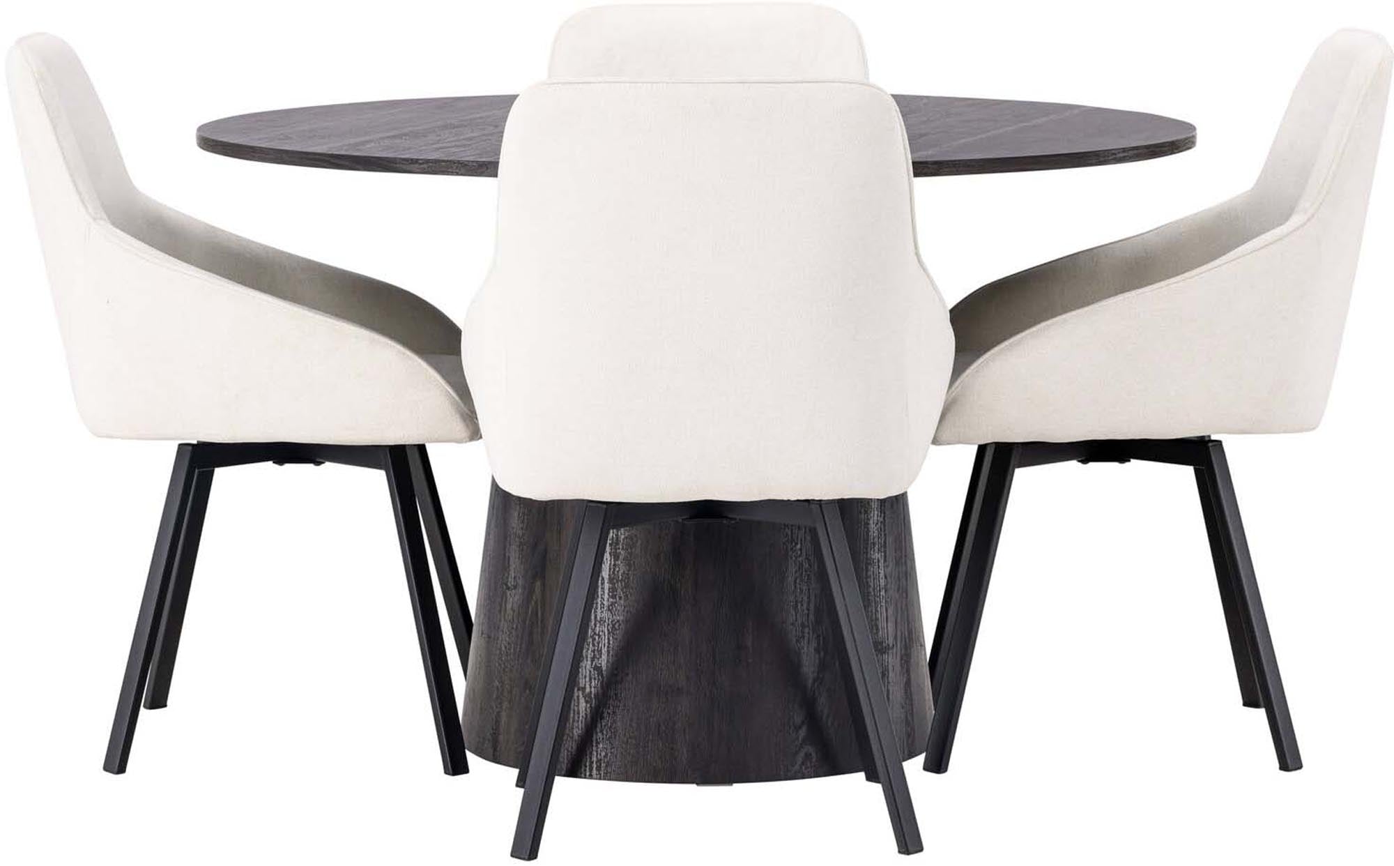 Elegantes Esszimmerset Lanzo + Rosie: Runder 120cm Tisch aus braunem MDF, 4 bequeme Stühle in Beige, ideal für stilvolle Anlässe.