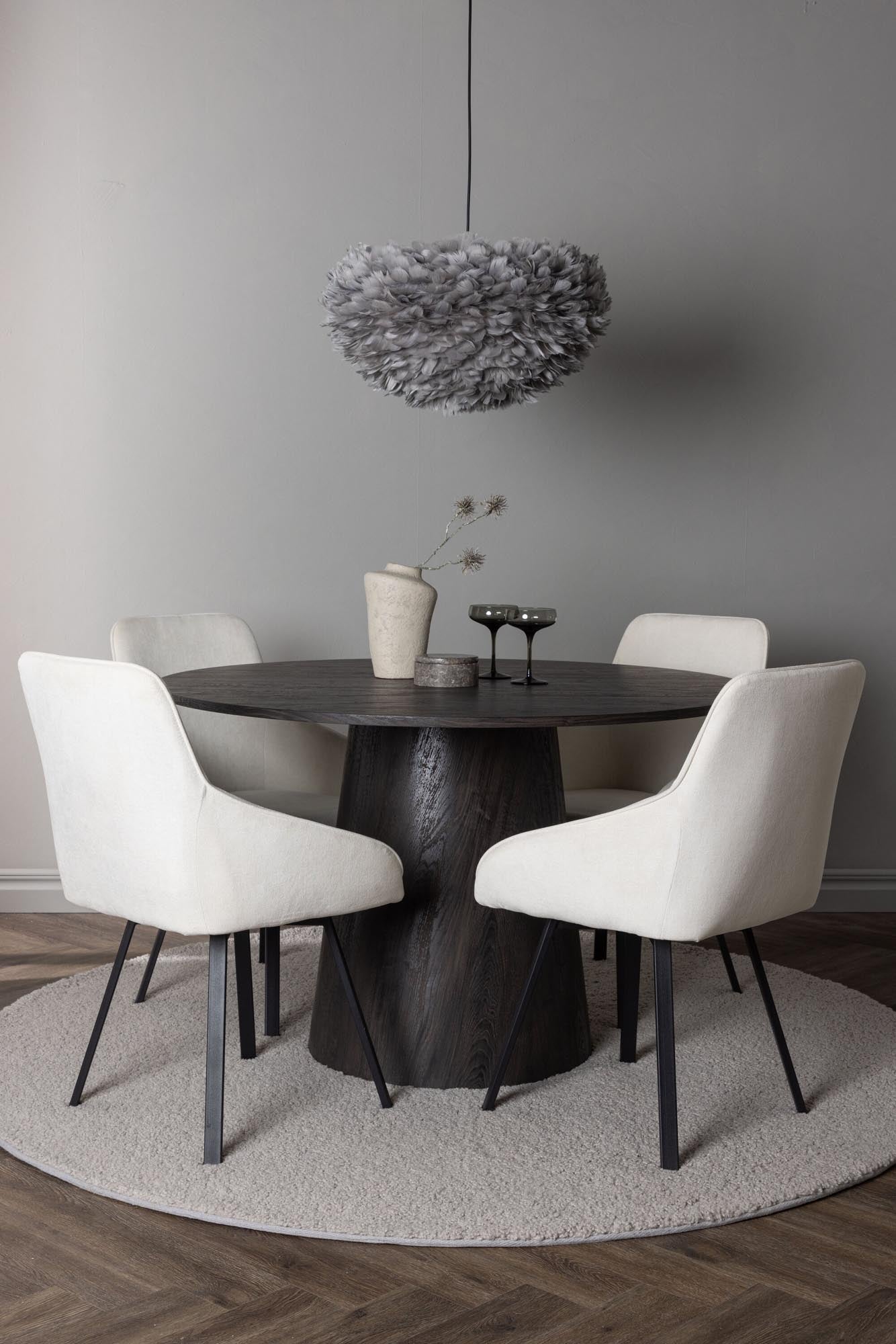 Stilvolles Esszimmerset Lanzo + Rosie: Runder 120 cm Tisch aus robustem MDF, ergänzt durch 4 komfortable, beige Stühle – perfekt für gesellige Runden.