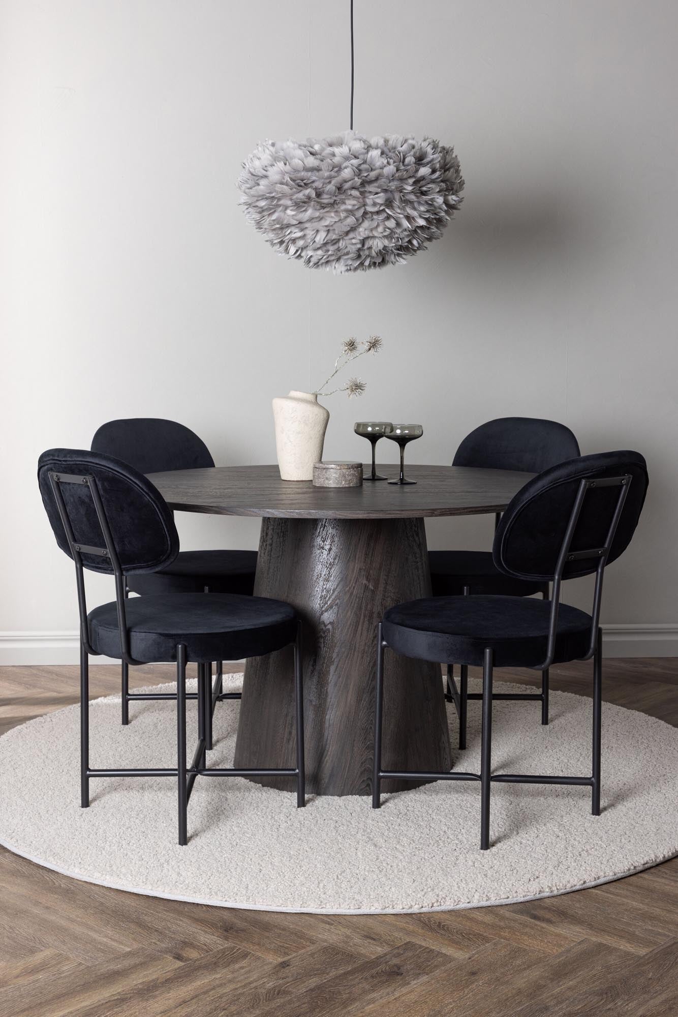 Stilvolles Esszimmerset: Runder Tisch (120cm) aus braunem MDF, 4 Samtstühle im skandinavischen Design.
