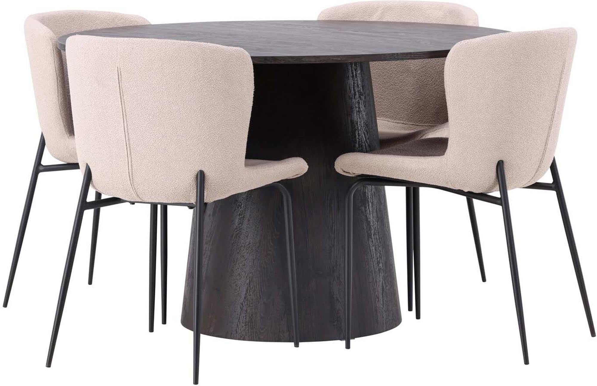 Stilvolles Lanzo Esszimmerset: Moderner 120cm Tisch aus braunem MDF, 4 bequeme Modesto-Stühle mit beigem Zottelstoff.