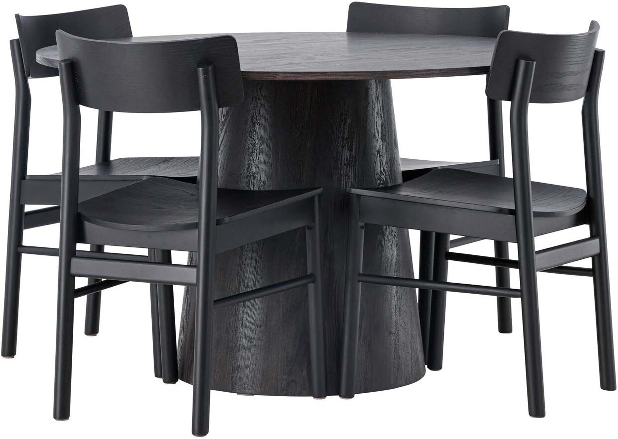 Entdecken Sie das stilvolle Lanzo Esszimmerset mit runden Tisch (⌀120cm) und 4 komfortablen Montros-Stühlen. Skandinavisches Design trifft auf Langlebigkeit.