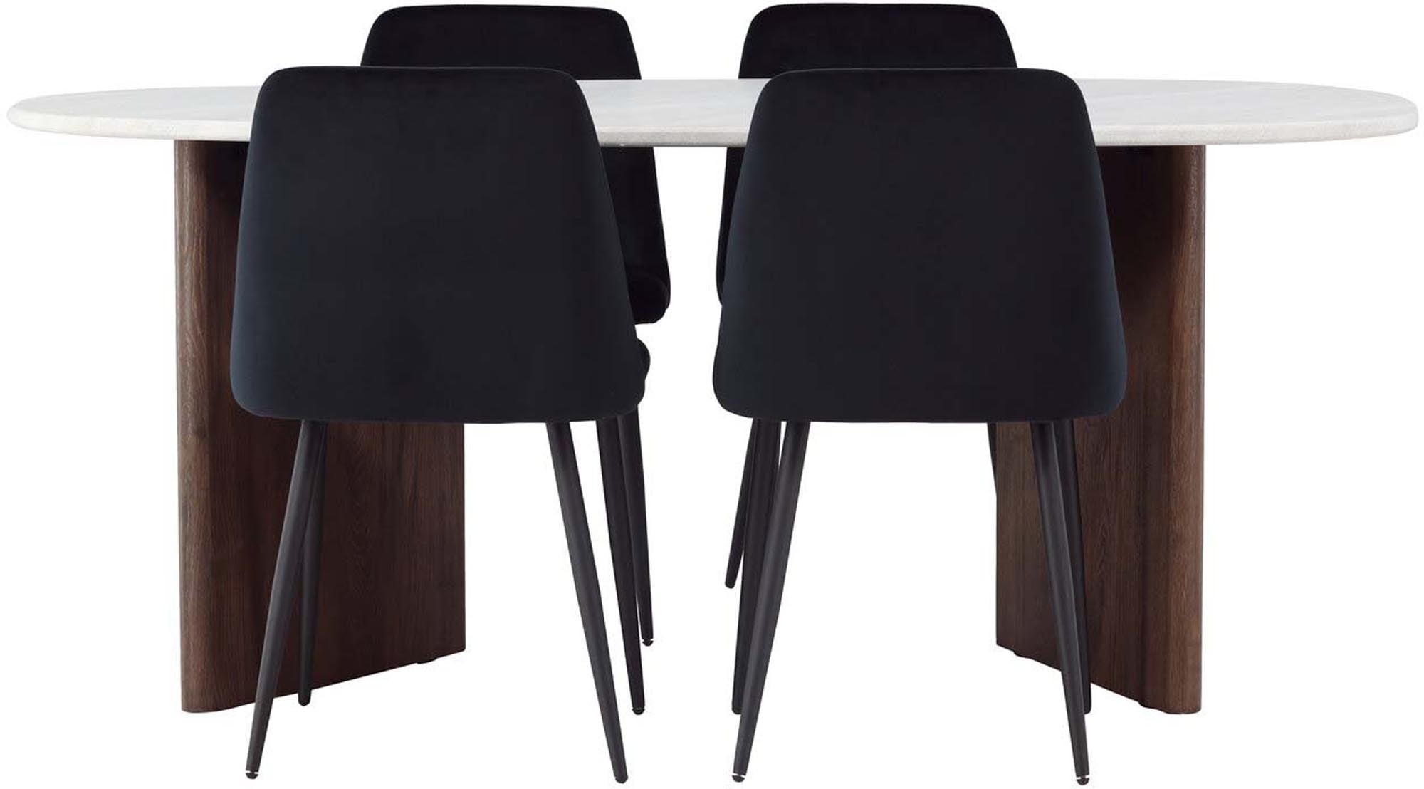 Entdecken Sie das Grönvik Esszimmerset von Venture Home: skandinavisches Design, ovaler Esstisch, luxuriöse Night-Stühle, ideal für stilvolle Mahlzeiten.