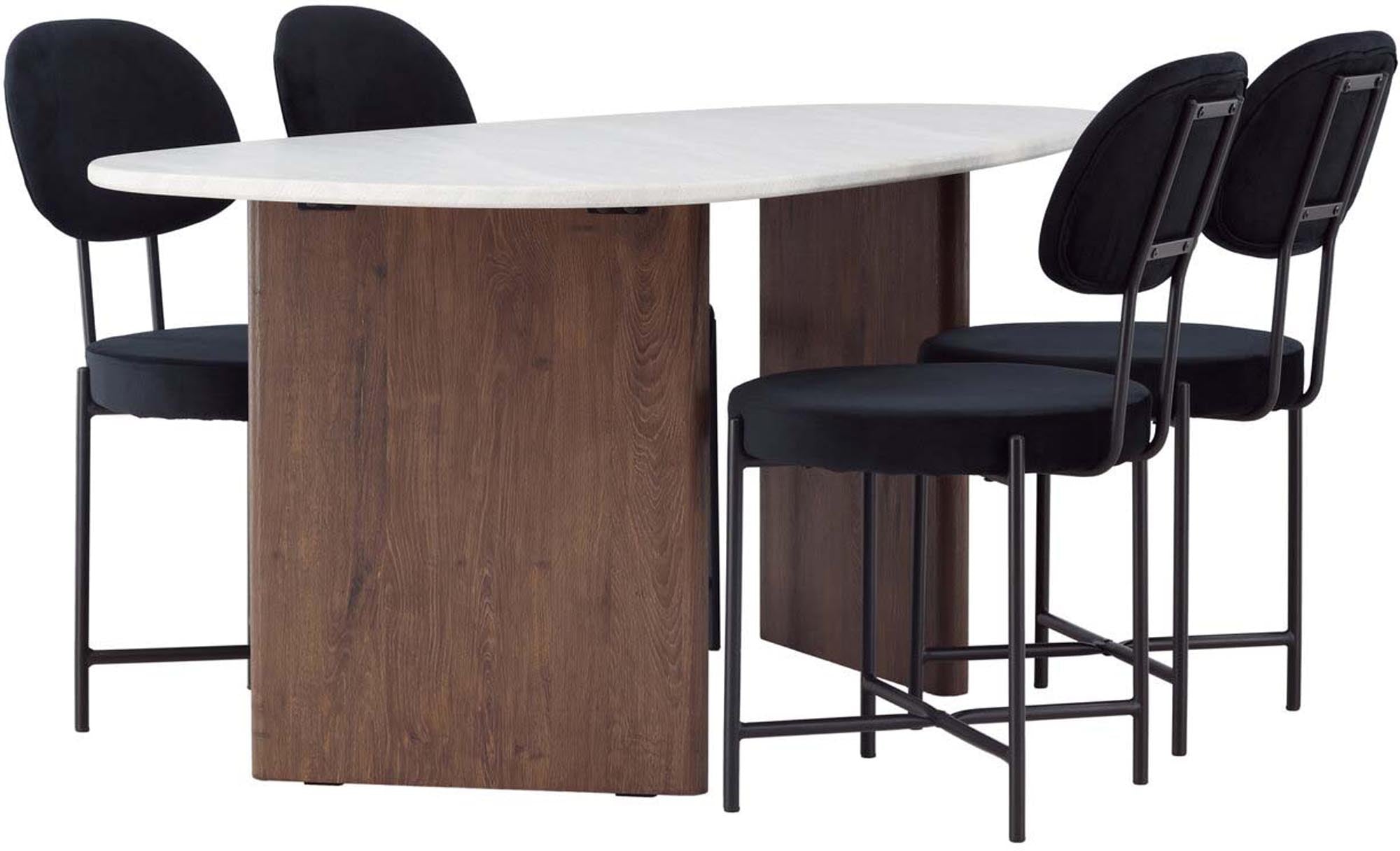 Modernes Grönvik Esszimmerset mit 180 cm Tisch und 4 eleganten Stella-Stühlen aus schwarzem Samt für ein stilvolles Esszimmer.