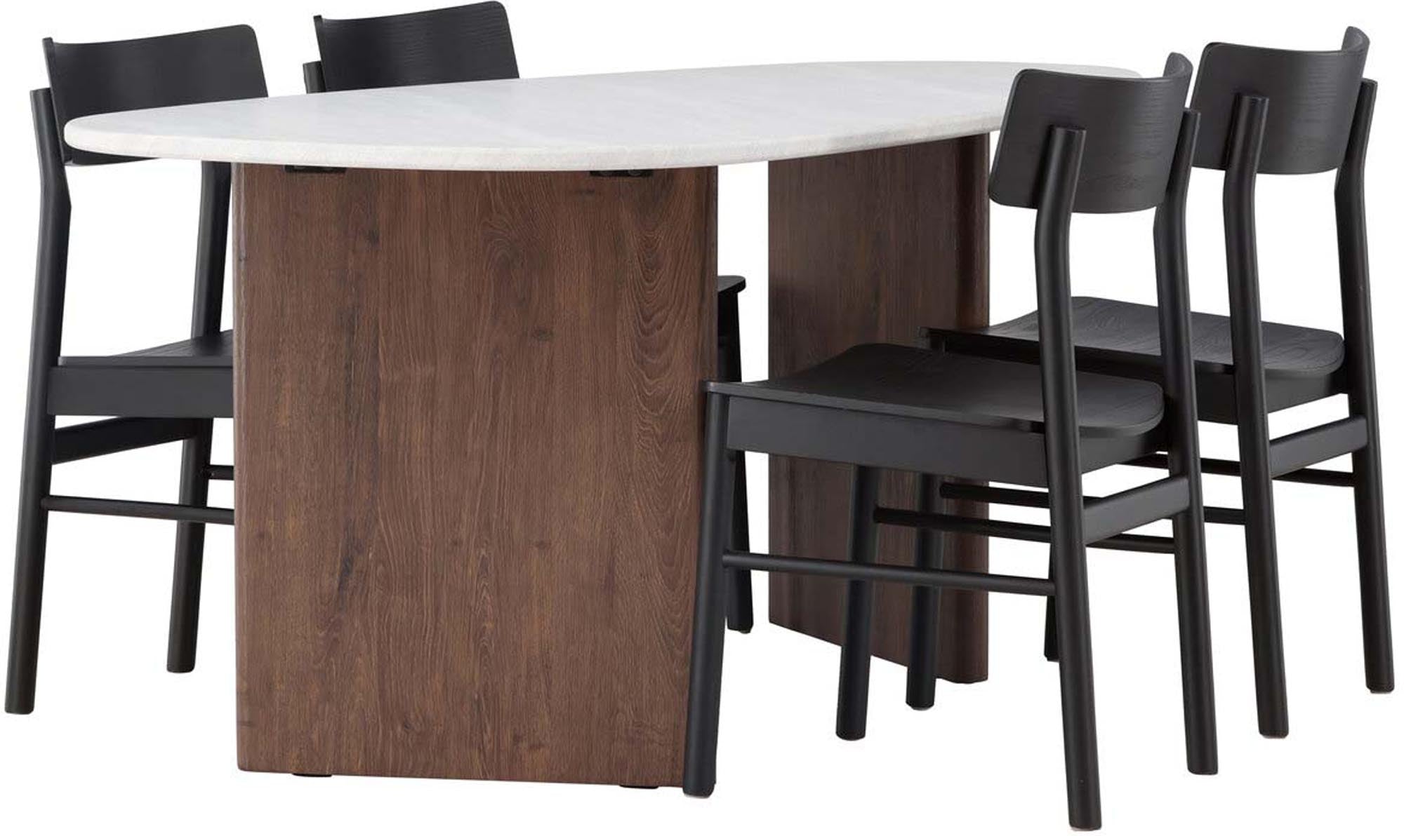 Grönvik Esszimmerset: Ovaler Tisch in Marmoroptik und stilvolle Birkenholzstühle für einladende Essbereiche.