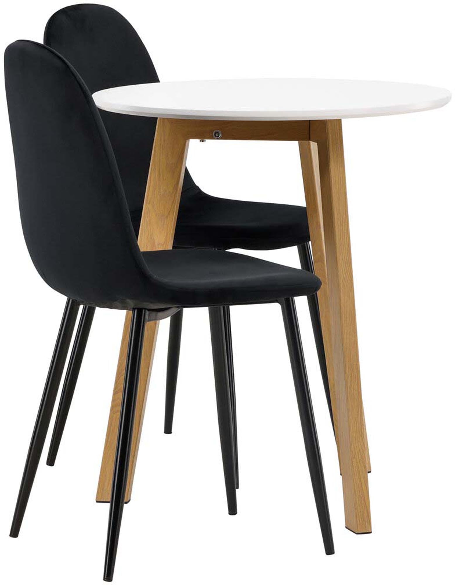 Stilvolles Esszimmerset Leonora mit runden 65 cm Tisch und 2 bequemen Polar-Stühlen aus Samt für gemütliche Essbereiche.
