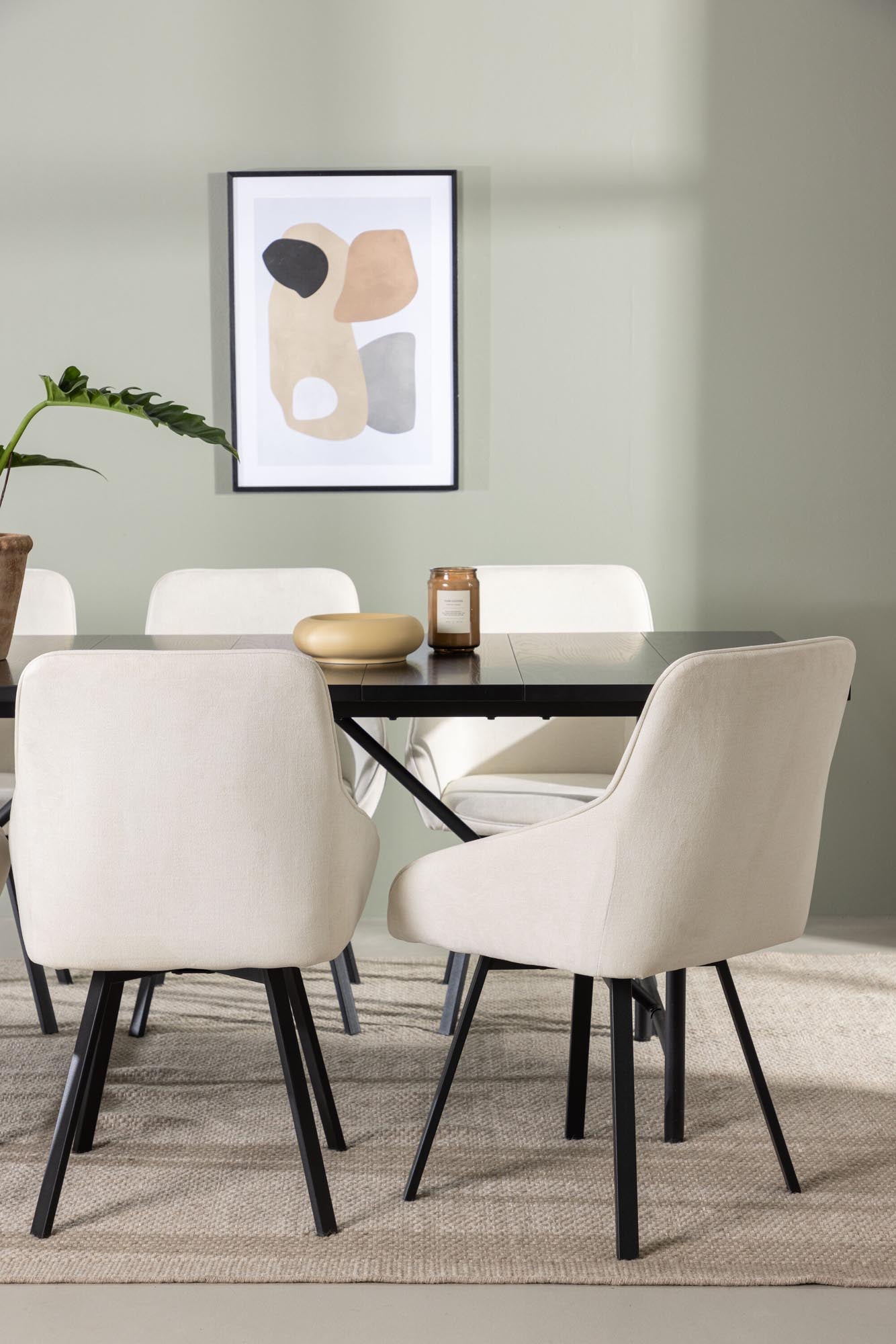 Modernes Esszimmerset: Astrid Tisch (200x75cm) in mattschwarzem MDF, kombiniert mit 6 stilvollen Rosie-Stühlen in Beige. Perfekt für festliche Anlässe.