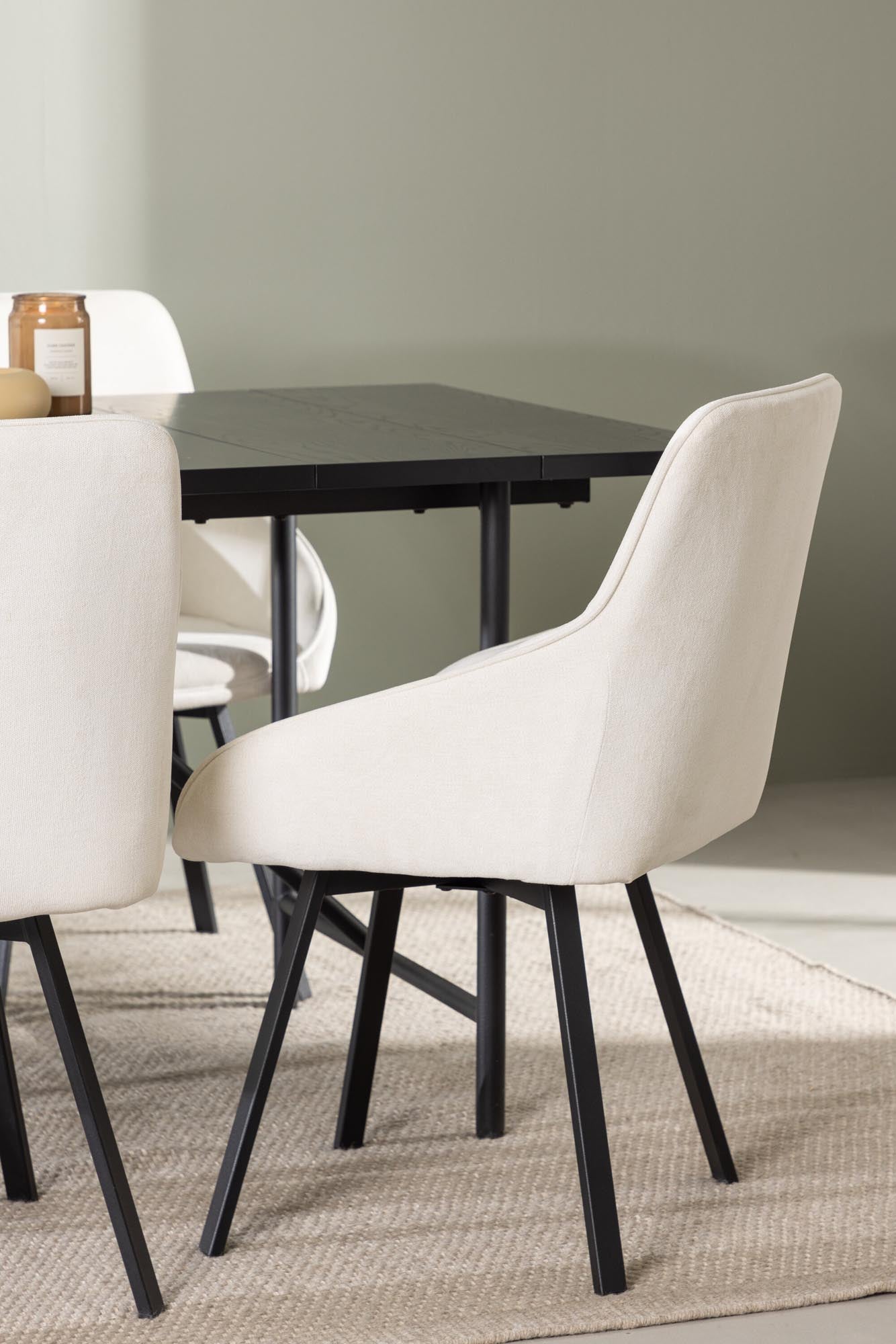 Elegantes Esszimmerset: Der Astrid Tisch (200x75cm) aus mattschwarzem MDF und 6 bequeme Rosie-Stühle in Beige schaffen eine stilvolle Atmosphäre für gesellige Abende.
