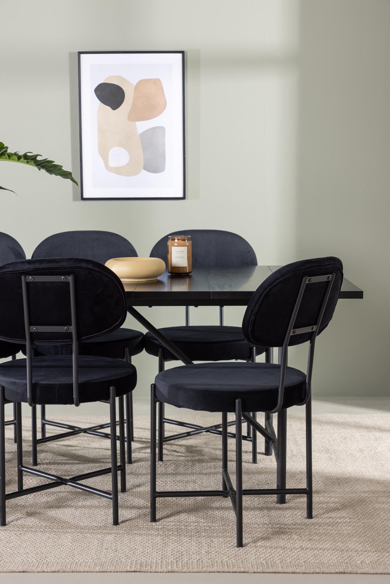 Elegantes Esszimmerset mit großzügigem 200 cm Tisch und sechs komfortablen Stühlen aus Samt. Perfekt für gesellige Abende und stilvolle Anlässe.