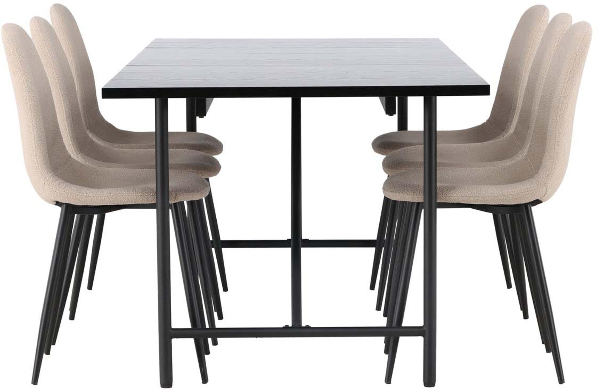 Modernes Esszimmerset Astrid: 200cm Tisch mit edler MDF-Oberfläche, 6 bequeme Berit-Stühle in Beige, perfekt für stilvolle Dinner und gesellige Runden.